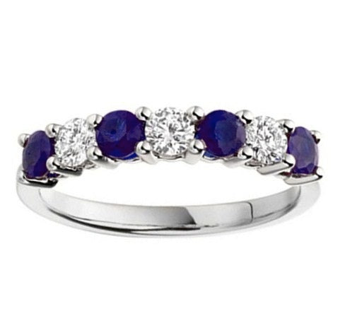 Wide Blue Sapphire &amp; Diamond Seven Stone Ring