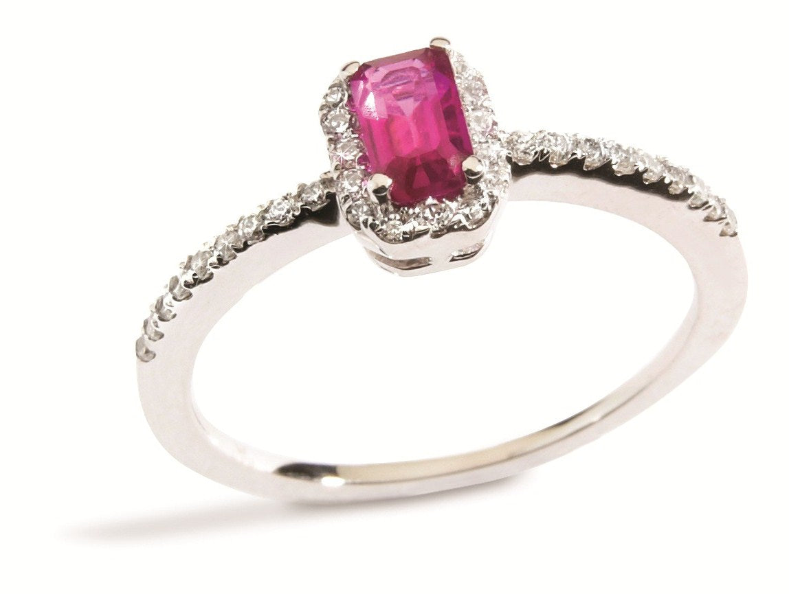 Rectangular Ruby Studded Shoulder Halo Ring