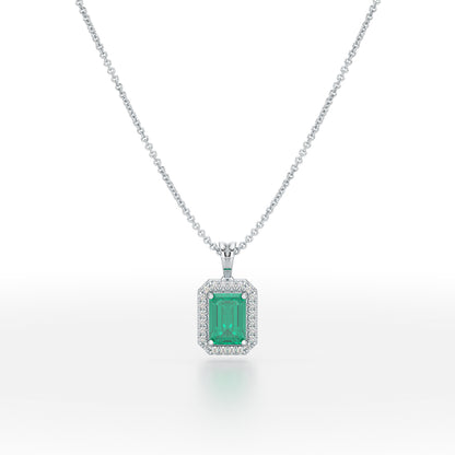 Rectangular Green Emerald Halo Pendant