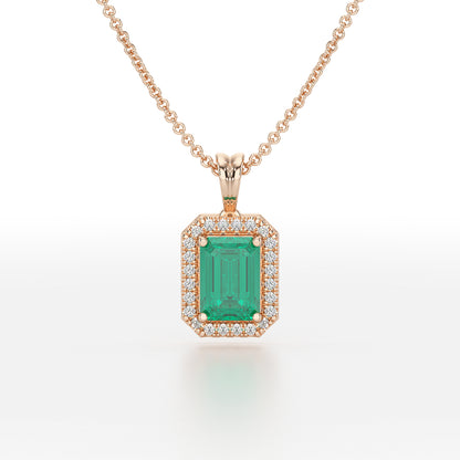 Rectangular Green Emerald Halo Pendant