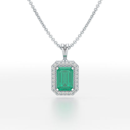 Rectangular Green Emerald Halo Pendant