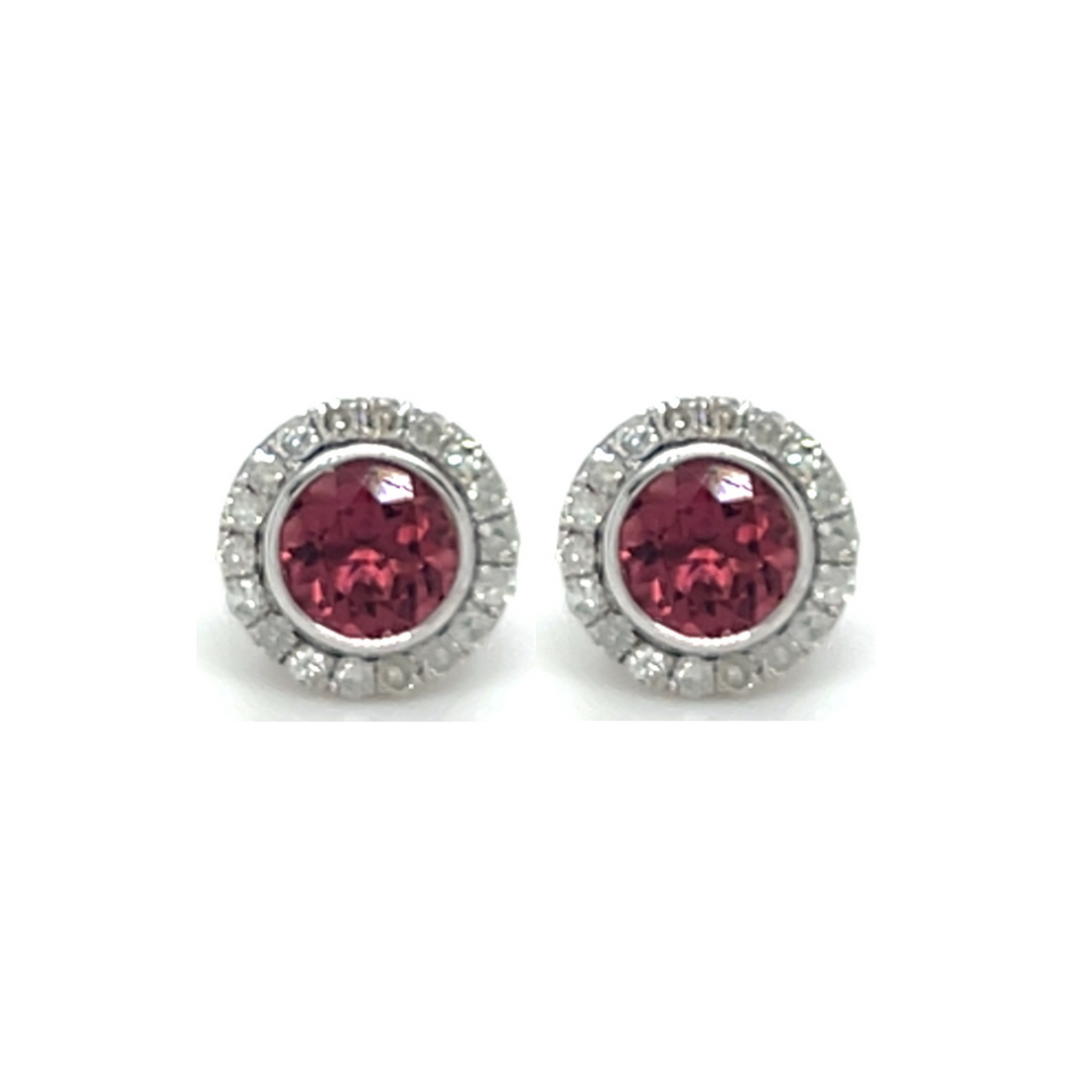 Round Pink Tourmaline Halo Earrings 9K White Gold