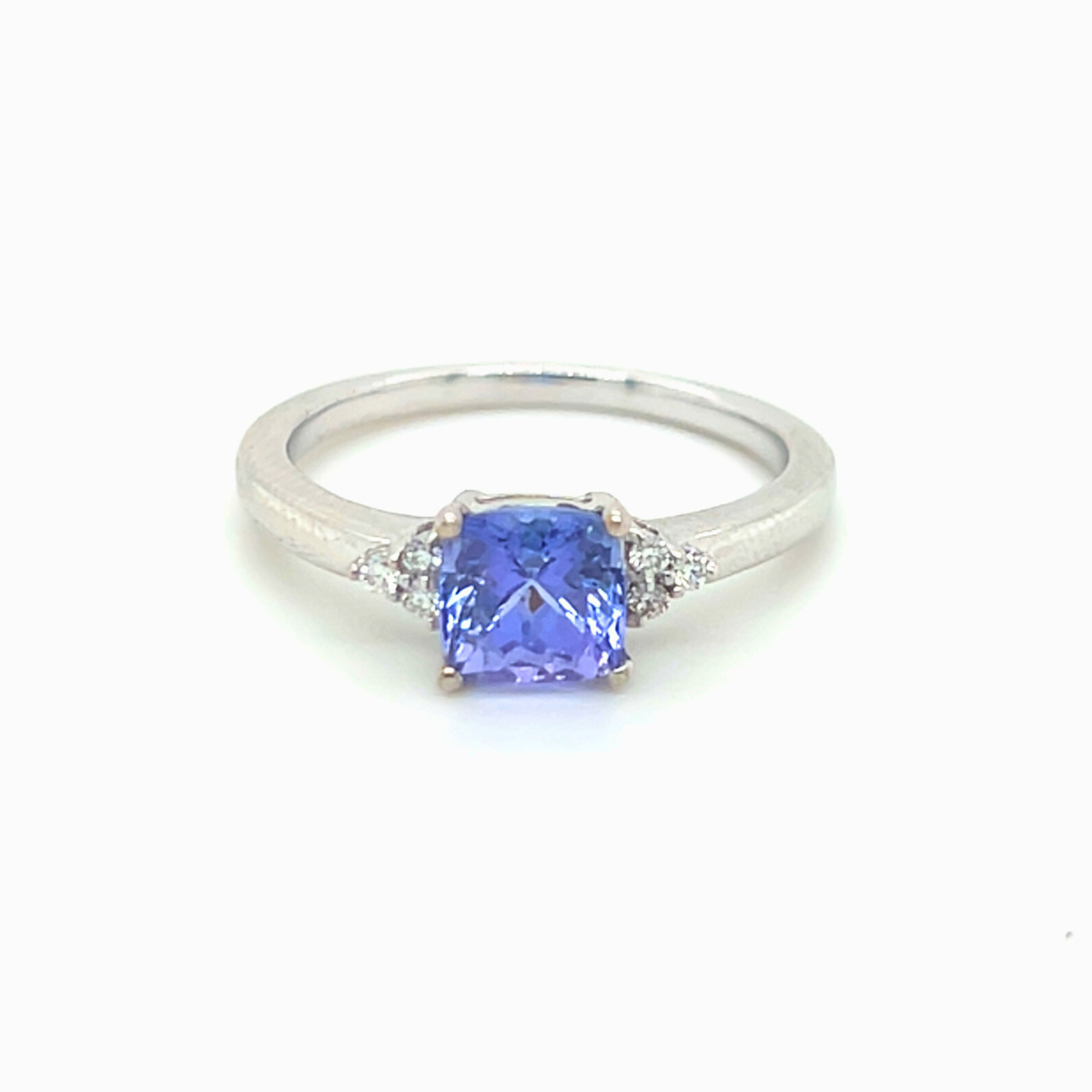 Cushion Tanzanite Trefoil Ring 9K White Gold