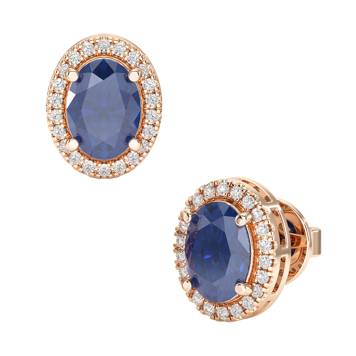 Oval Blue Sapphire Halo Earrings Rose Gold Front &amp; Side View