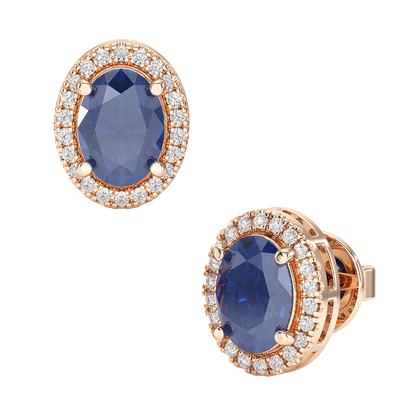 Oval Blue Sapphire Halo Earrings Rose Gold Front &amp; Side View