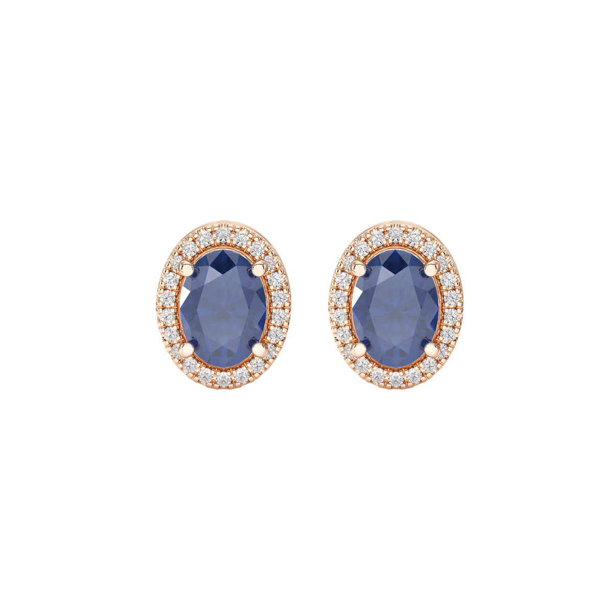 Oval Blue Sapphire Halo Earrings Rose Gold Front View