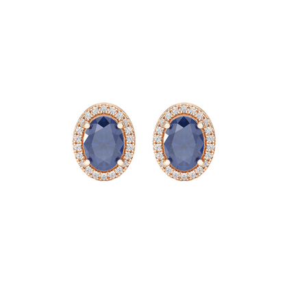 Oval Blue Sapphire Halo Earrings Rose Gold Front View