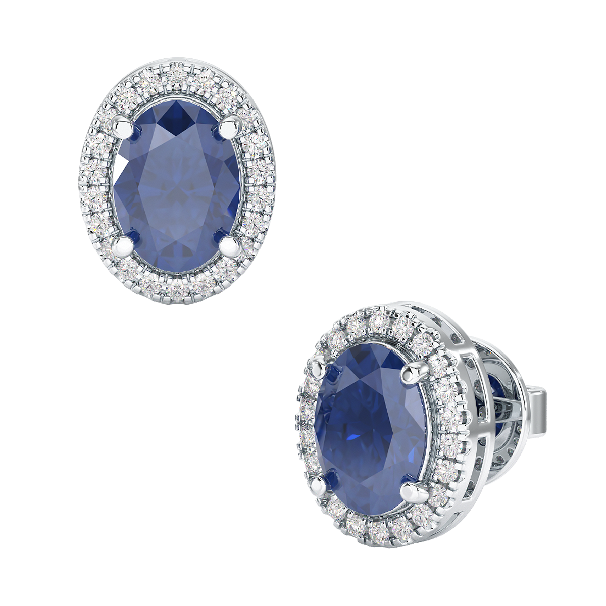 Oval Blue Sapphire Halo Earrings White Gold Platinum Front &amp; Side View