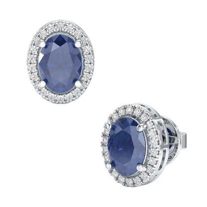 Oval Blue Sapphire Halo Earrings White Gold Platinum Front &amp; Side View