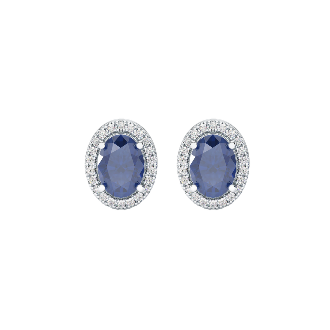 Oval Blue Sapphire Halo Earrings White Gold Platinum Front View