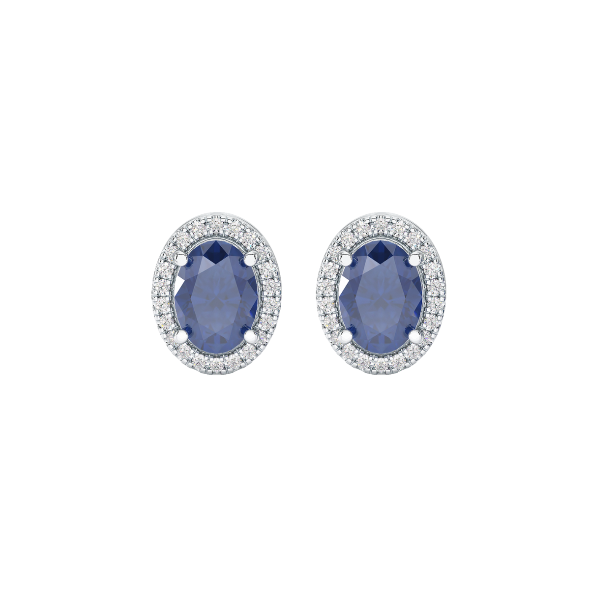 Oval Blue Sapphire Halo Earrings White Gold Platinum Front View