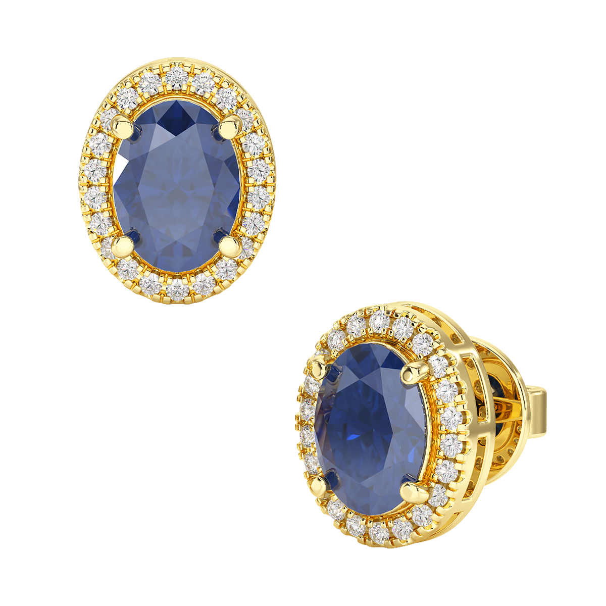 Oval Blue Sapphire Halo Earrings Yellow Gold Front &amp; Side View