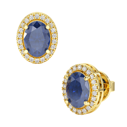 Oval Blue Sapphire Halo Earrings Yellow Gold Front &amp; Side View