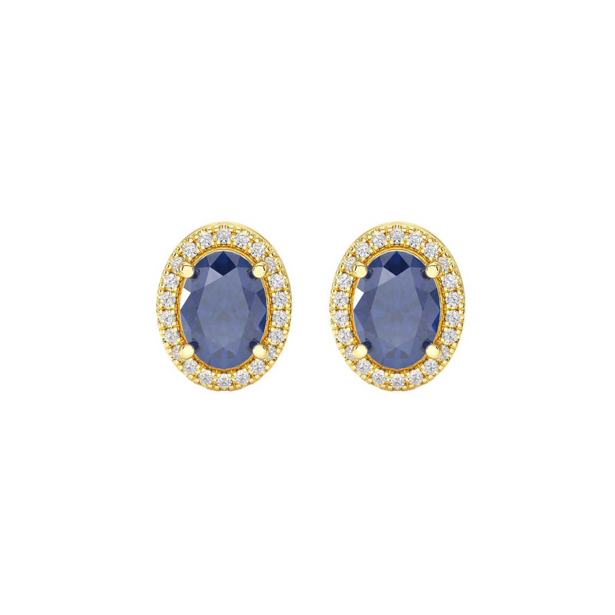 Oval Blue Sapphire Halo Earrings Yellow Gold Front View