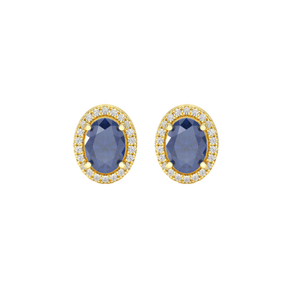 Oval Blue Sapphire Halo Earrings Yellow Gold Front View