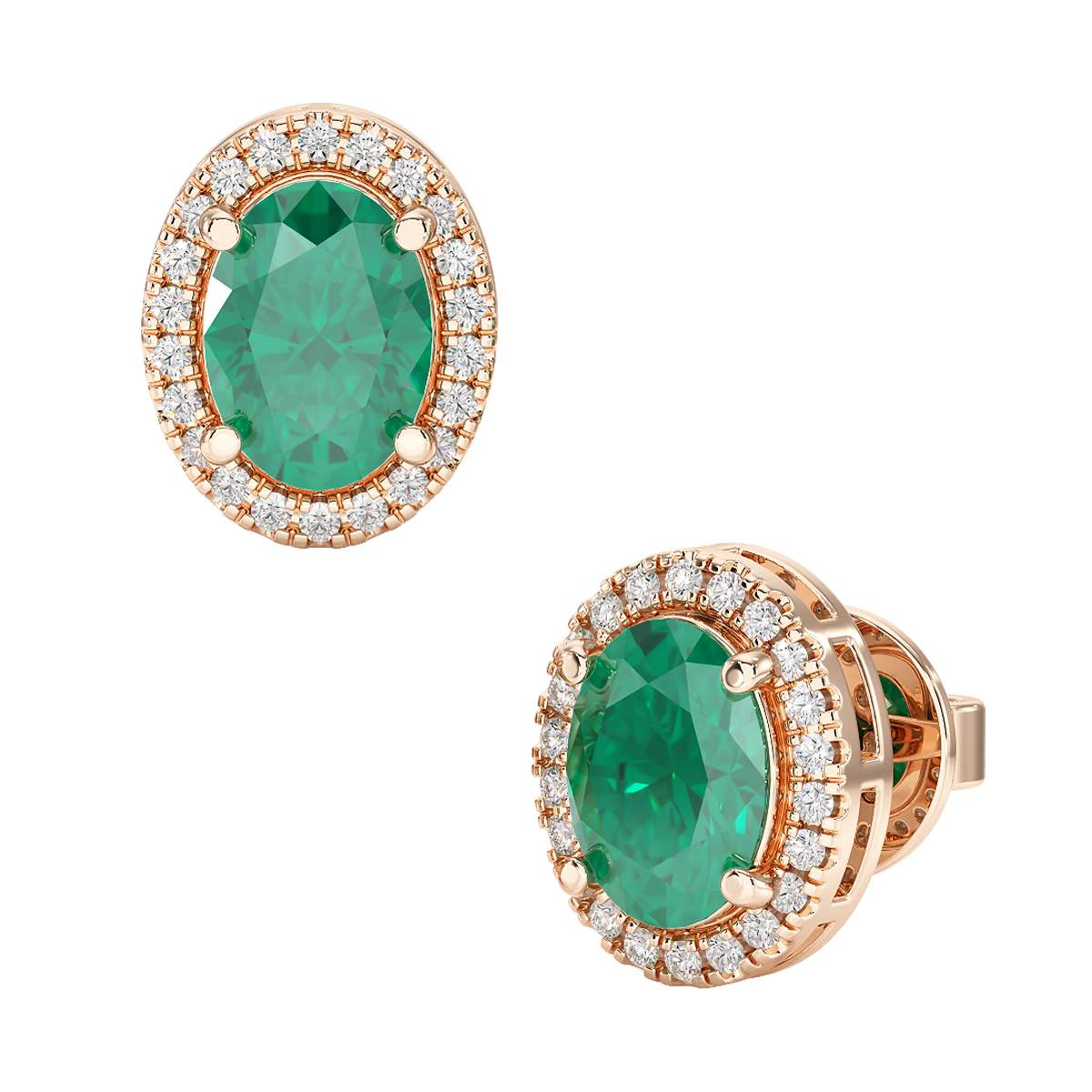 Oval Emerald Halo Earrings Rose Gold Front &amp; Side View