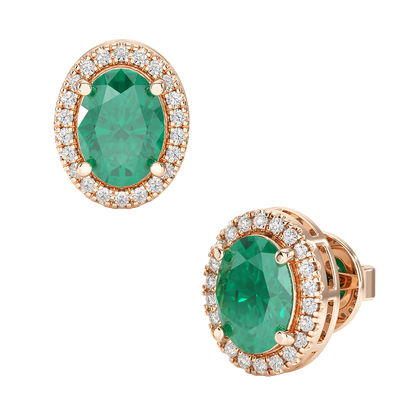 Oval Emerald Halo Earrings Rose Gold Front &amp; Side View