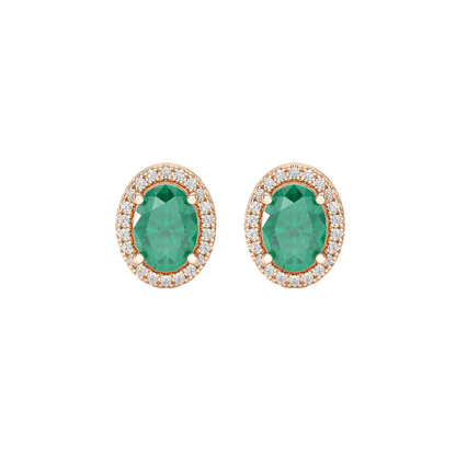 Oval Emerald Halo Earrings Rose Gold Front View