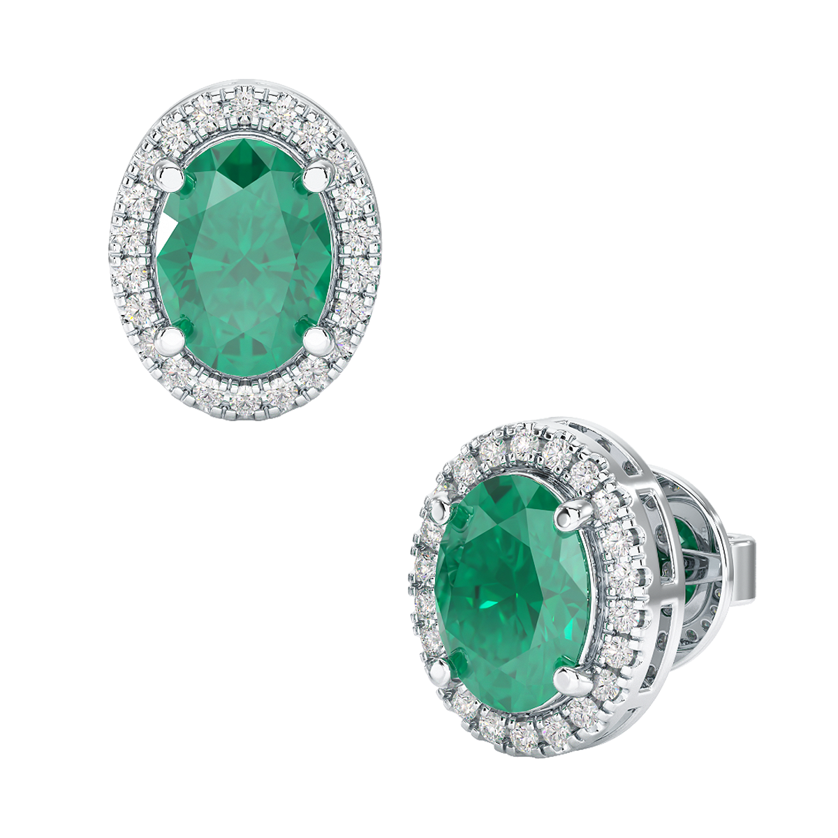 Oval Emerald Halo Earrings White Gold Platinum Front &amp; Side View