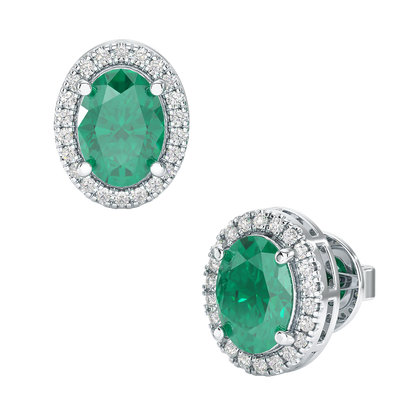 Oval Emerald Halo Earrings White Gold Platinum Front &amp; Side View