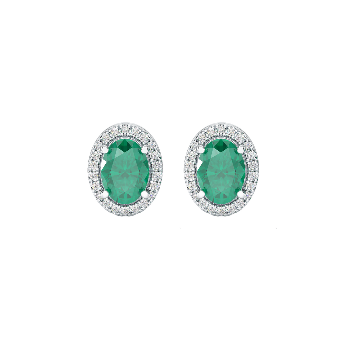 Oval Emerald Halo Earrings White Gold Platinum Front View