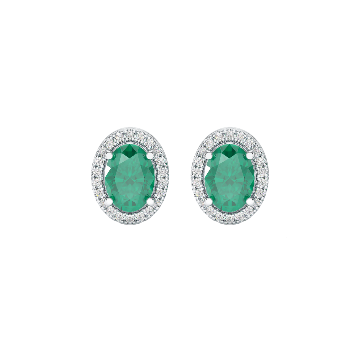 Oval Emerald Halo Earrings White Gold Platinum Front View