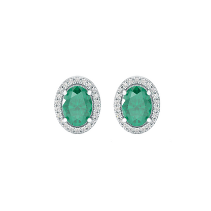 Oval Emerald Halo Earrings White Gold Platinum Front View