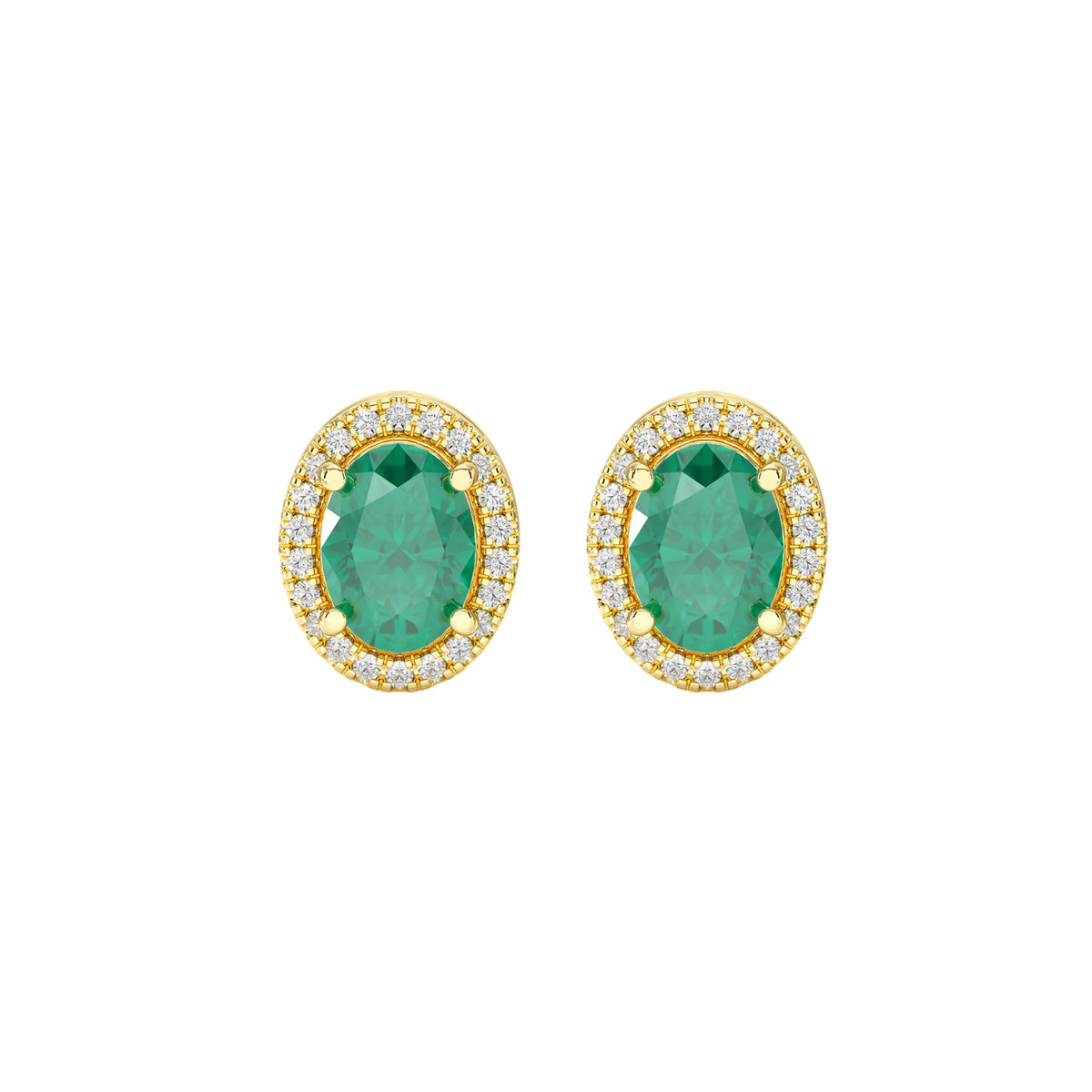 Oval Emerald Halo Earrings Yellow Gold Front View