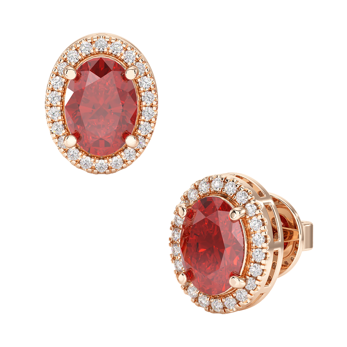 Oval Ruby Halo Earrings Rose Gold Front &amp; Side View