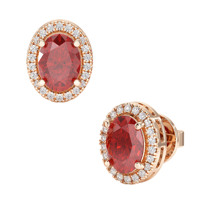 Oval Ruby Halo Earrings Rose Gold Front &amp; Side View