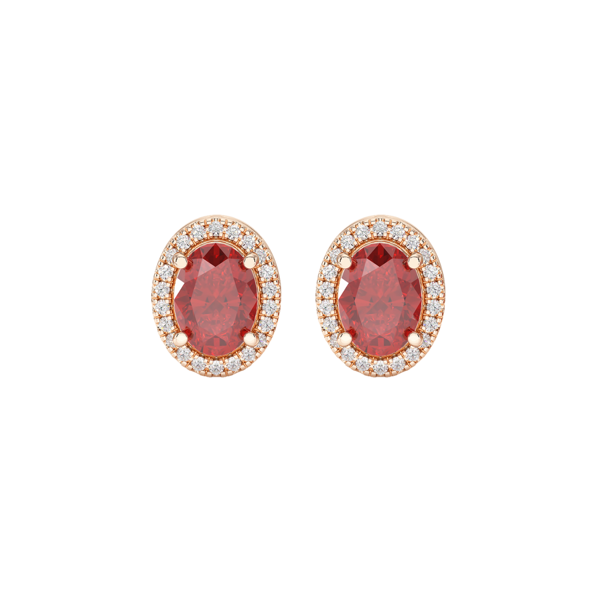 Oval Ruby Halo Earrings Rose Gold Front View