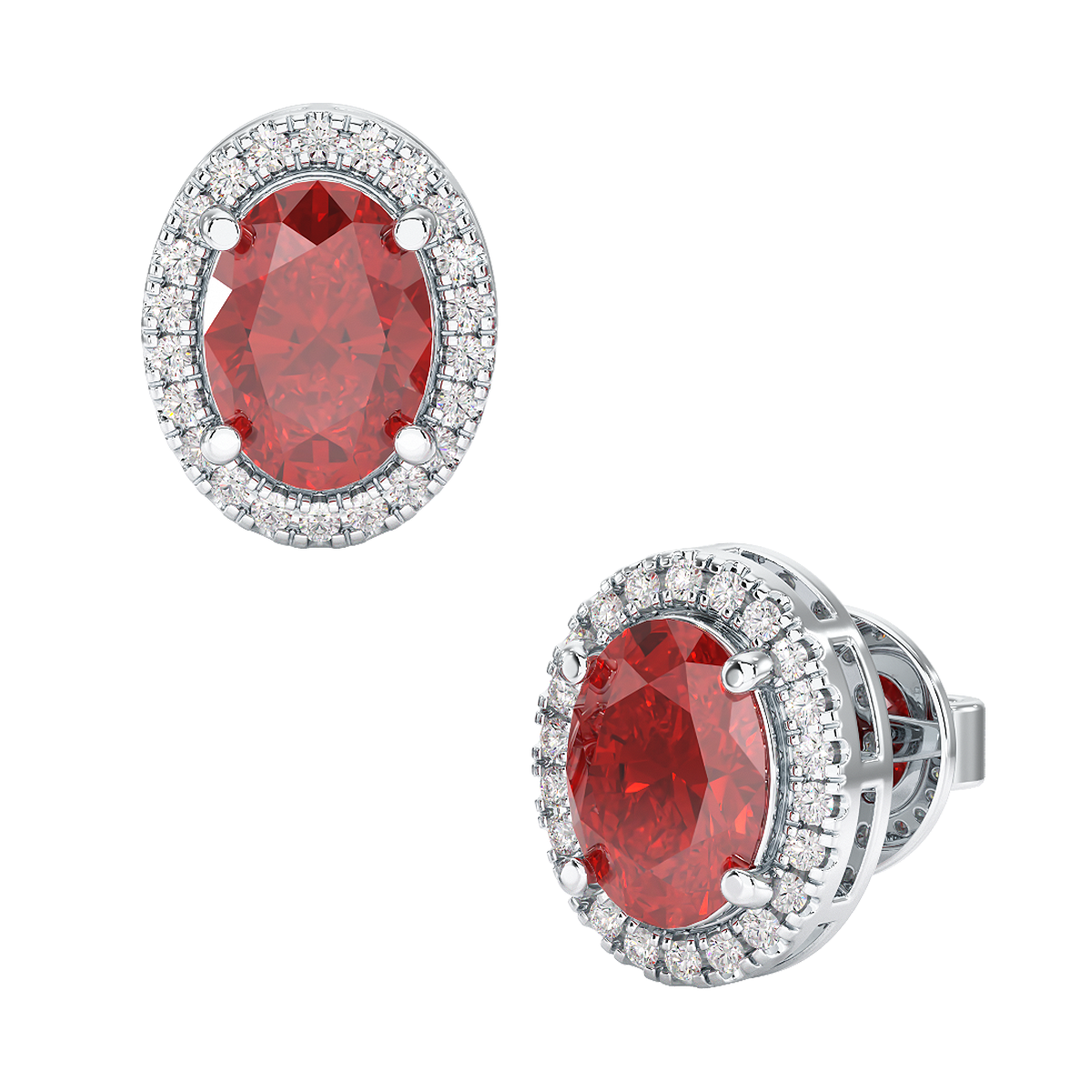 Oval Ruby Halo Earrings White Gold Platinum Front &amp; Side View