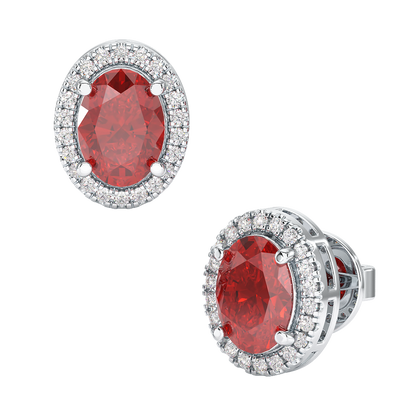 Oval Ruby Halo Earrings White Gold Platinum Front &amp; Side View