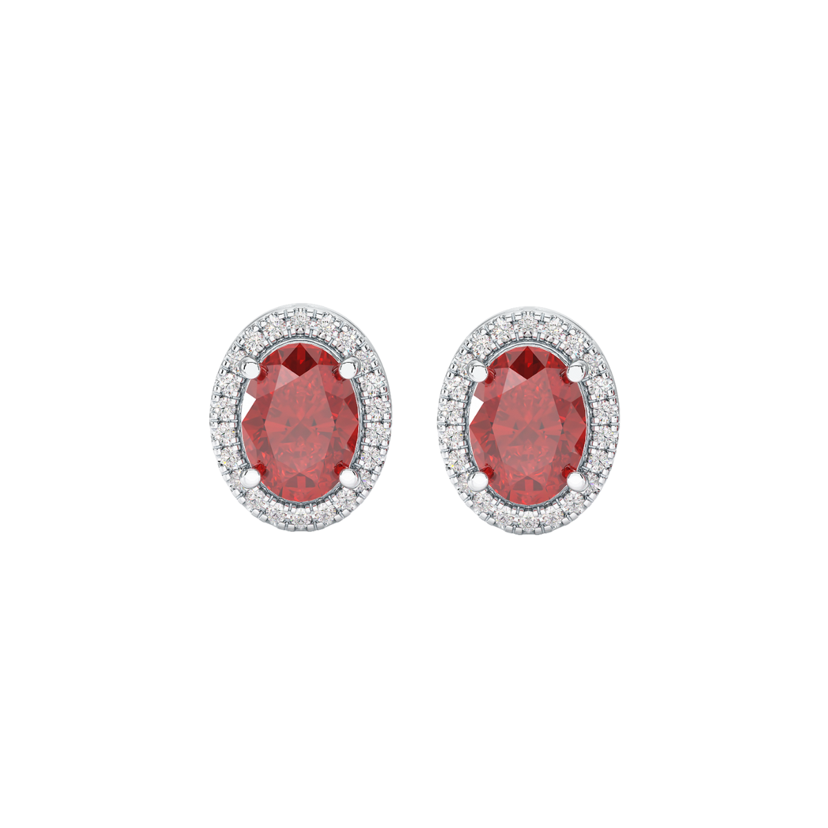 Oval Ruby Halo Earrings White Gold Platinum Front View