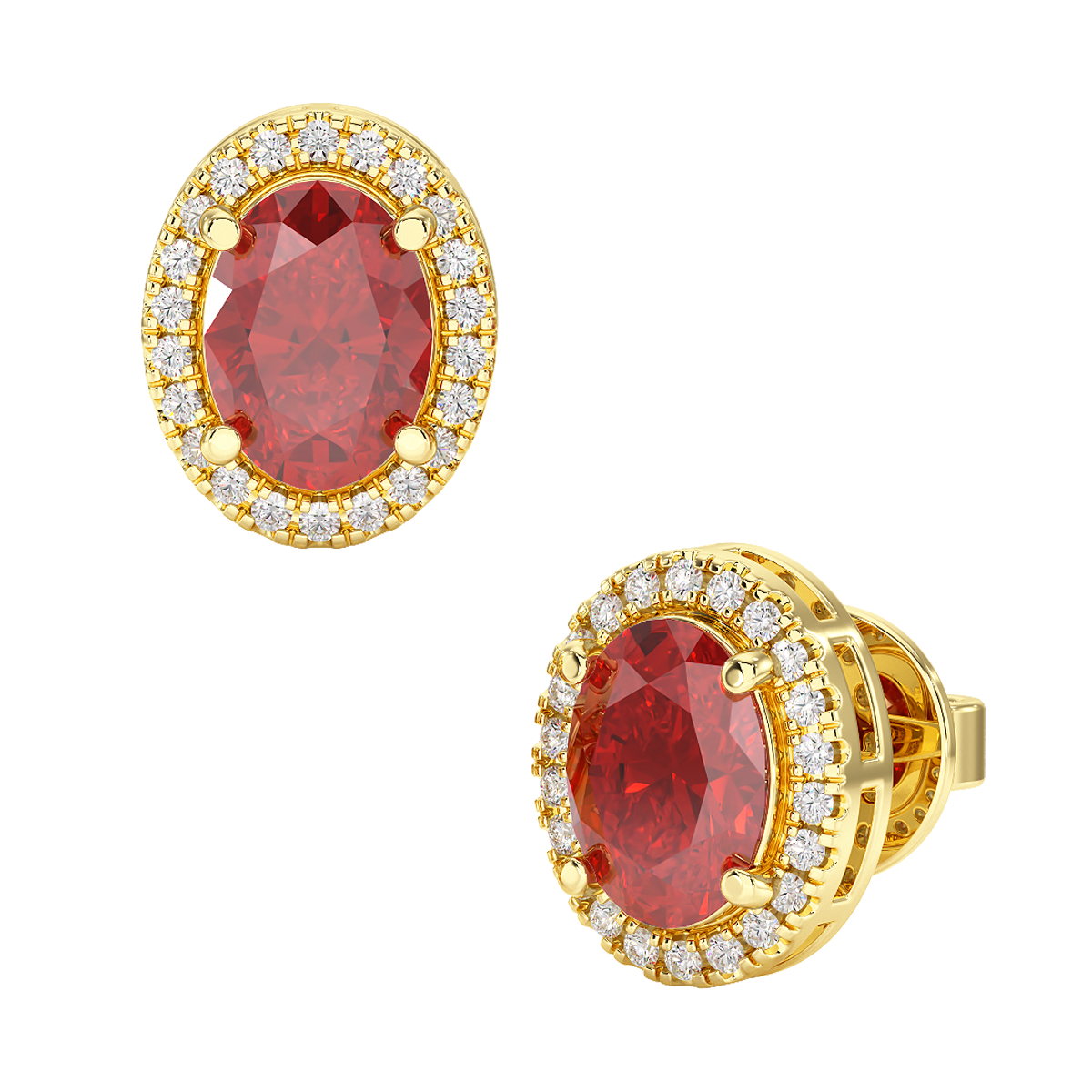 Oval Ruby Halo Earrings Yellow Gold Front &amp; Side View