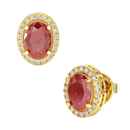 Oval Ruby Halo Earrings Yellow Gold Front &amp; Side View