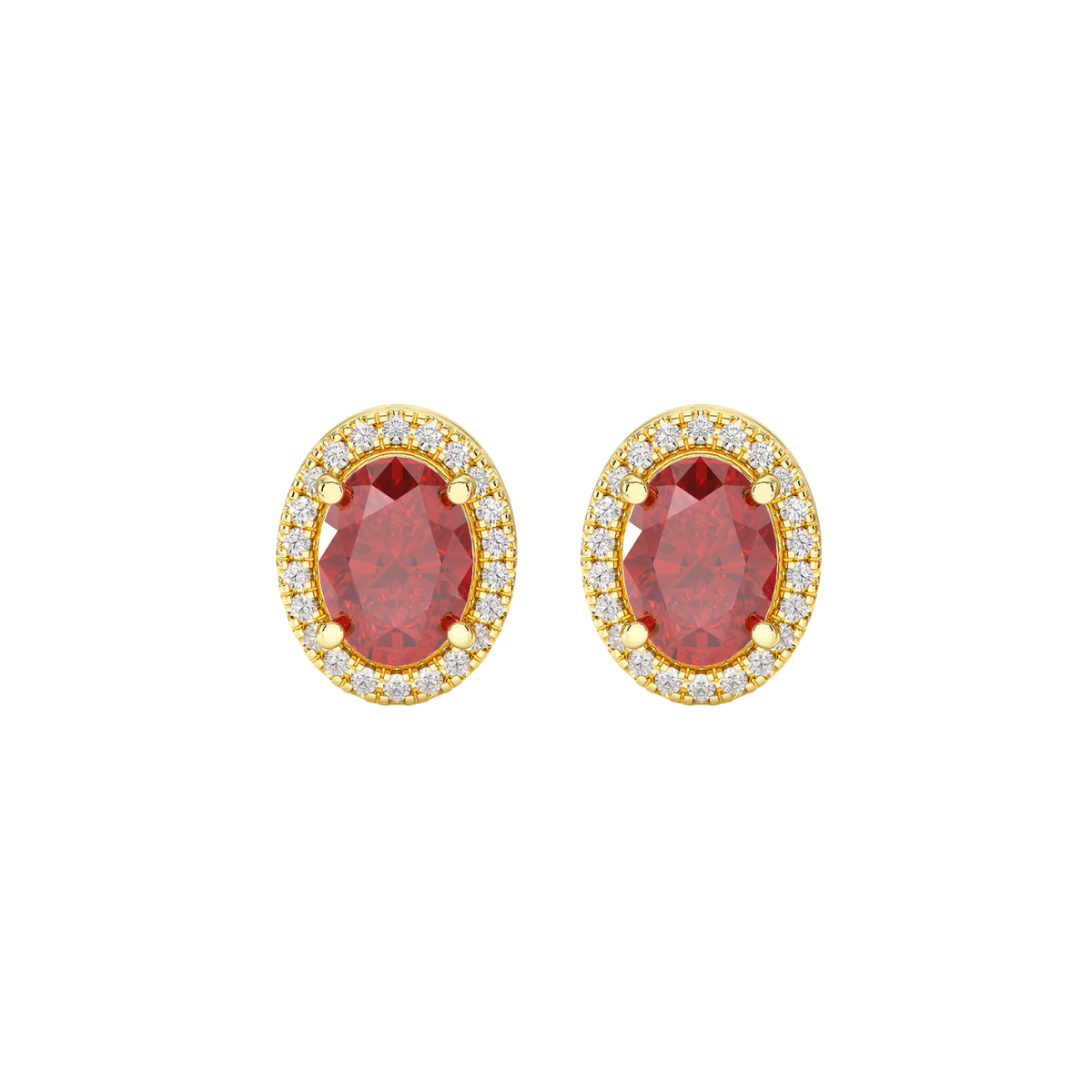 Oval Ruby Halo Earrings Yellow Gold Front View