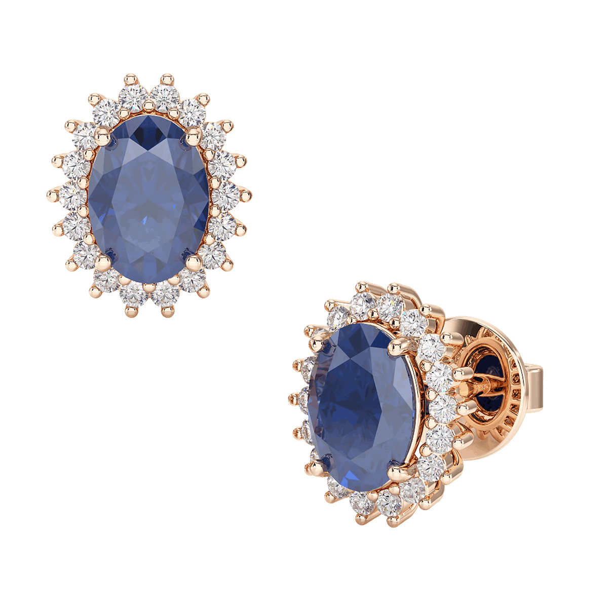 Blue Sapphire Sunburst Earrings Rose Gold Front &amp; Side View