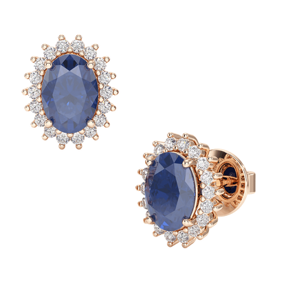 Blue Sapphire Sunburst Earrings Rose Gold Front &amp; Side View