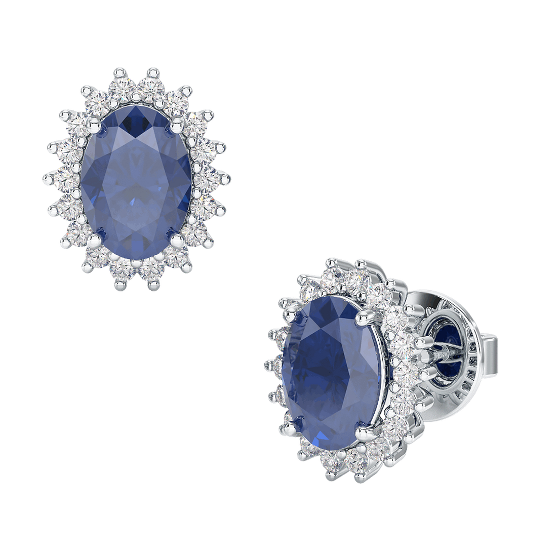 Blue Sapphire Sunburst Earrings White Gold Platinum Front &amp; Side View