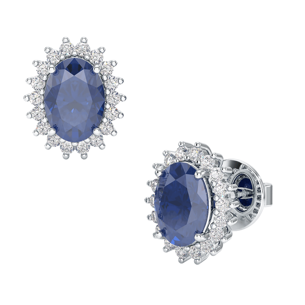 Blue Sapphire Sunburst Earrings White Gold Platinum Front &amp; Side View