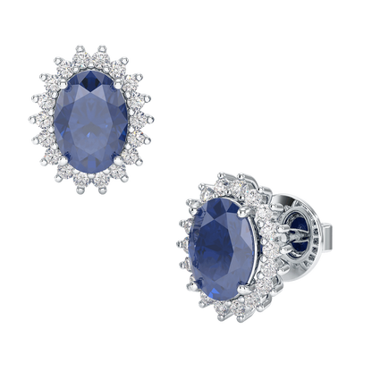 Blue Sapphire Sunburst Earrings White Gold Platinum Front &amp; Side View