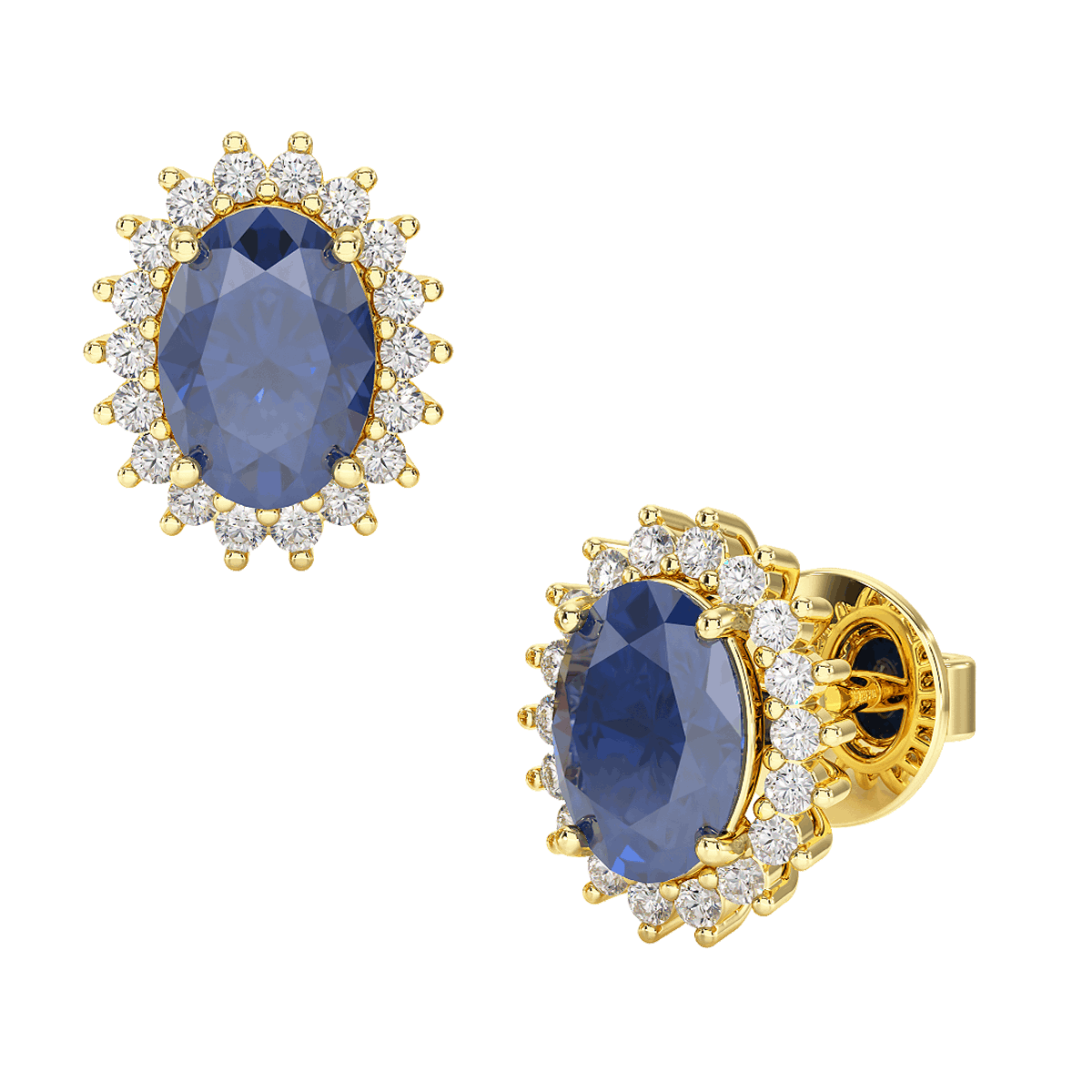 Blue Sapphire Sunburst Earrings Yellow Gold Front &amp; Side View