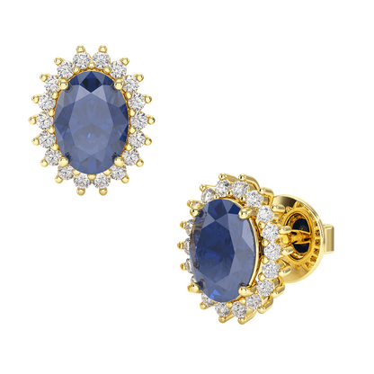 Blue Sapphire Sunburst Earrings Yellow Gold Front &amp; Side View