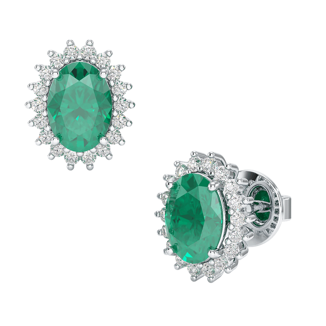 Emerald Sunburst Earrings White Gold Platinum Front &amp; Side View