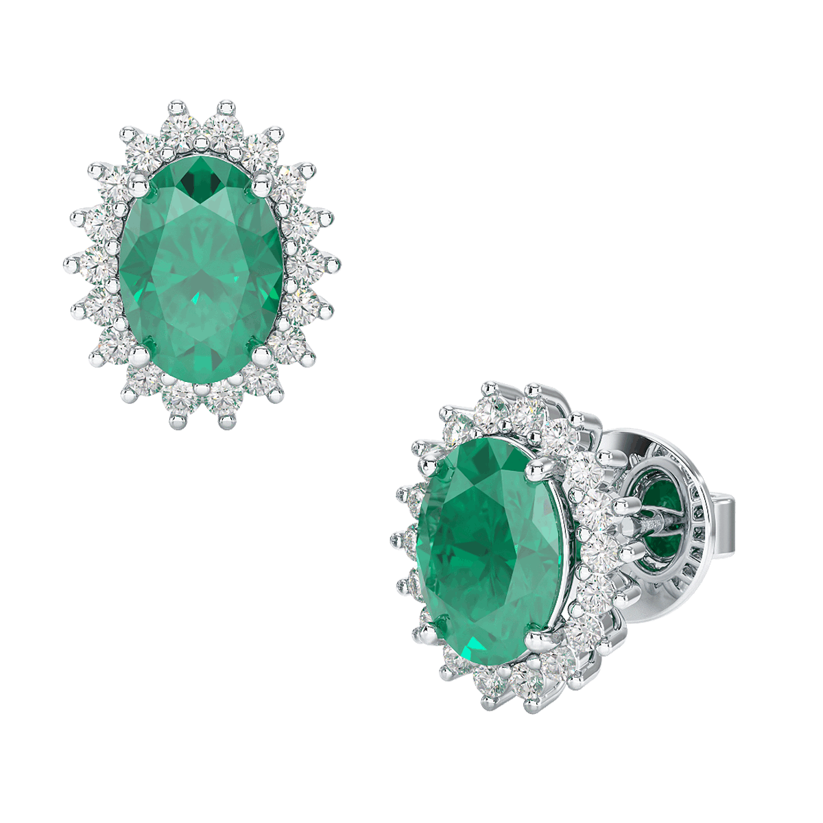 Emerald Sunburst Earrings White Gold Platinum Front &amp; Side View