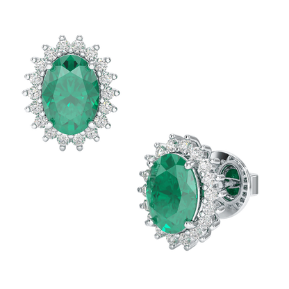 Emerald Sunburst Earrings White Gold Platinum Front &amp; Side View