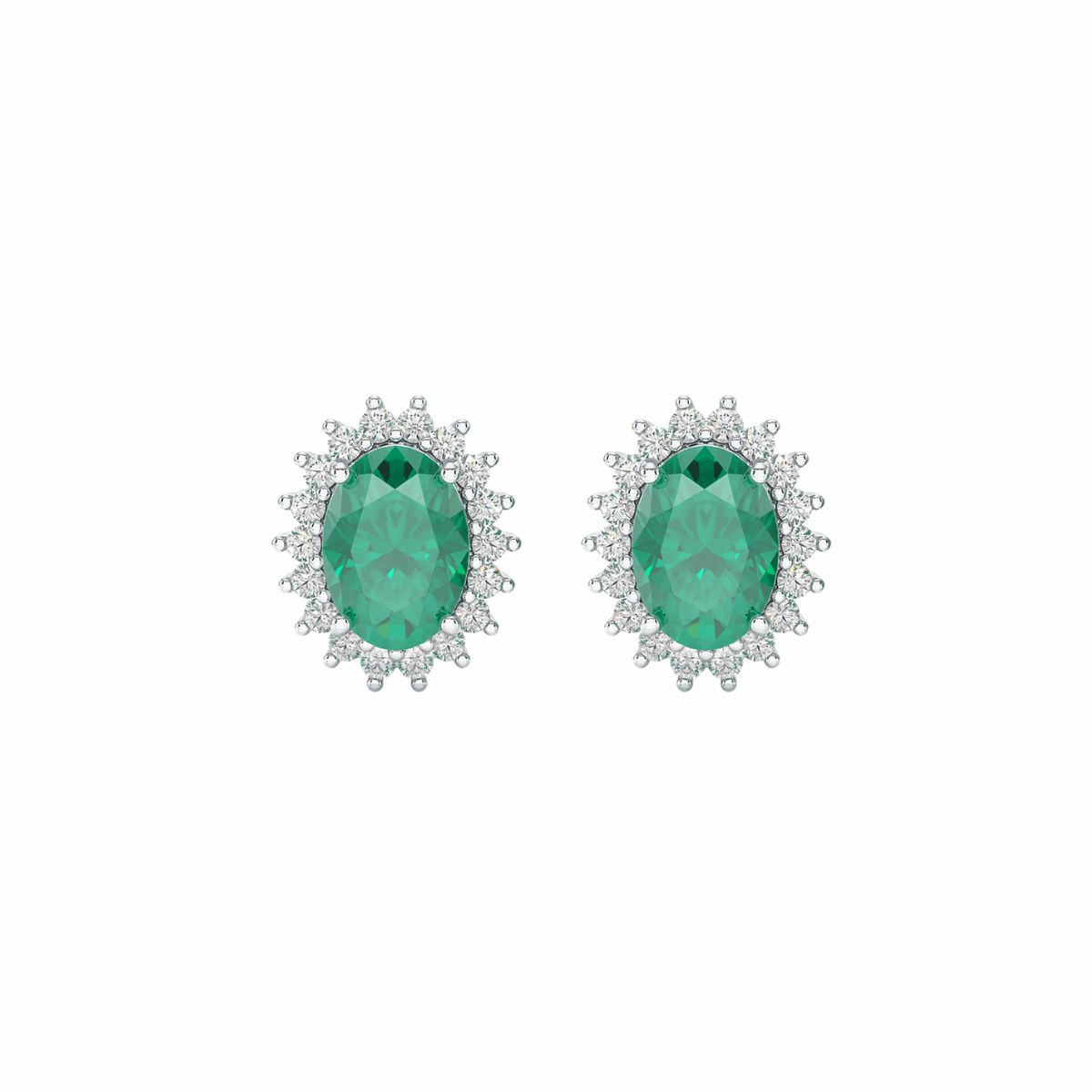 Emerald Sunburst Earrings White Gold Platinum Front View