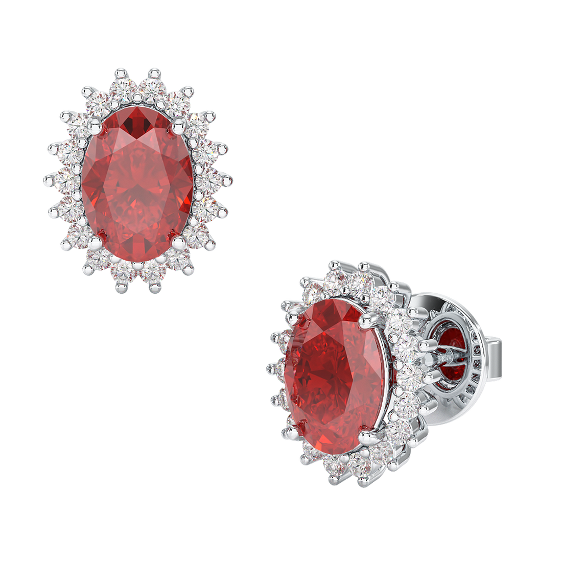 Ruby Sunburst Earrings White Gold Platinum Front &amp; Side View