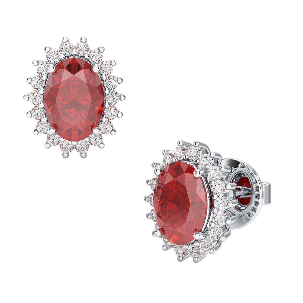 Ruby Sunburst Earrings White Gold Platinum Front &amp; Side View